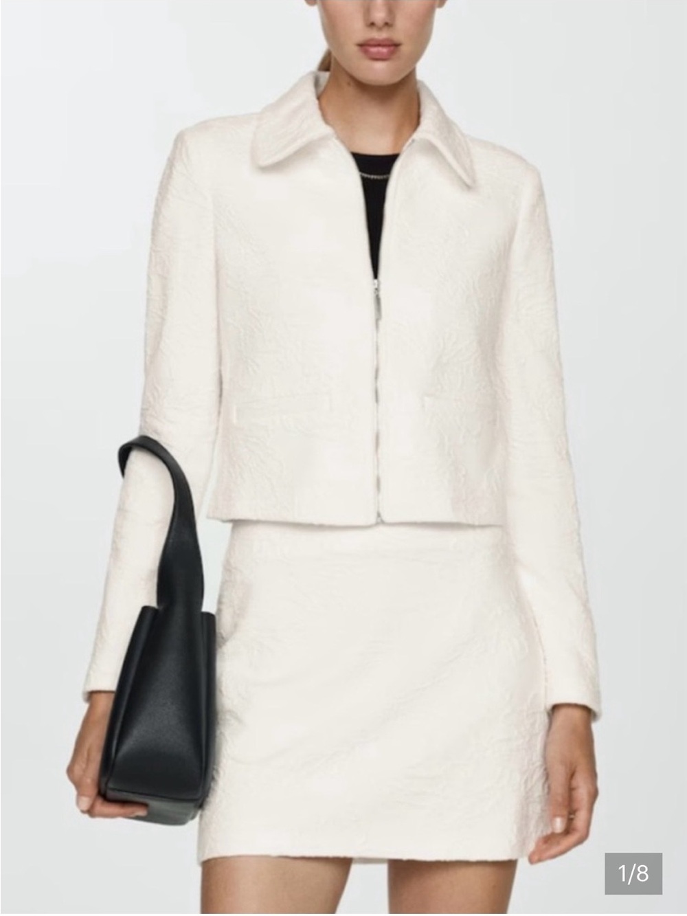 Mango Ivory Cropped Cream Textured Zip Jacket and Mini Skirt Co-Ord Set- Small